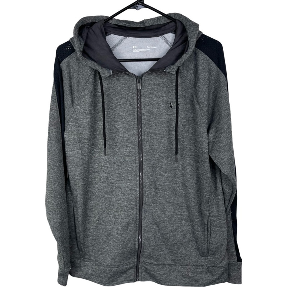 ✅ Under Armour Gray Black Mesh Sleeve detail Hooded full zip hoodie XL Fitted